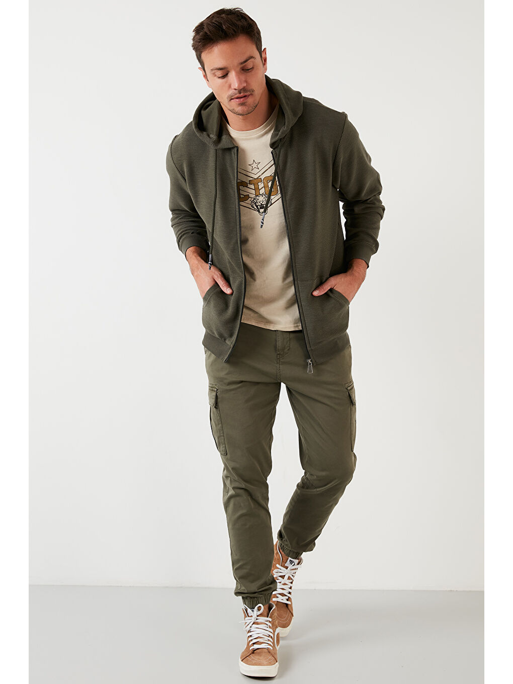 Haki Regular Fit Kapüşonlu Cepli  Pamuklu Fermuarlı Sweatshirt 5905218-5