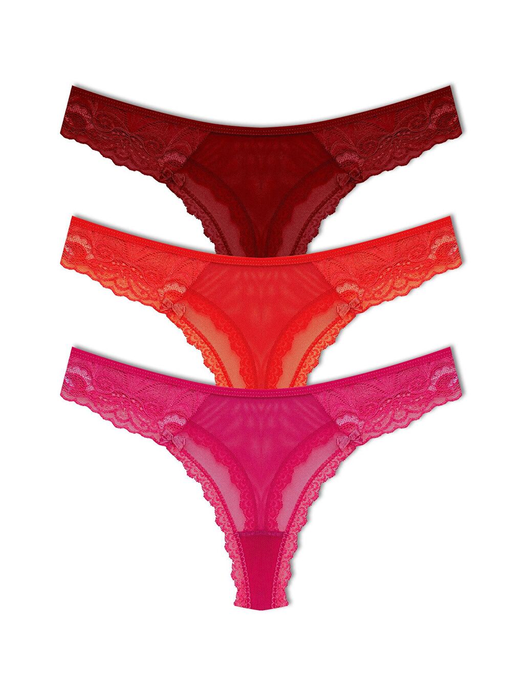 Kırmızı Tül Dantel Tanga Kadın Külot 3'Lü