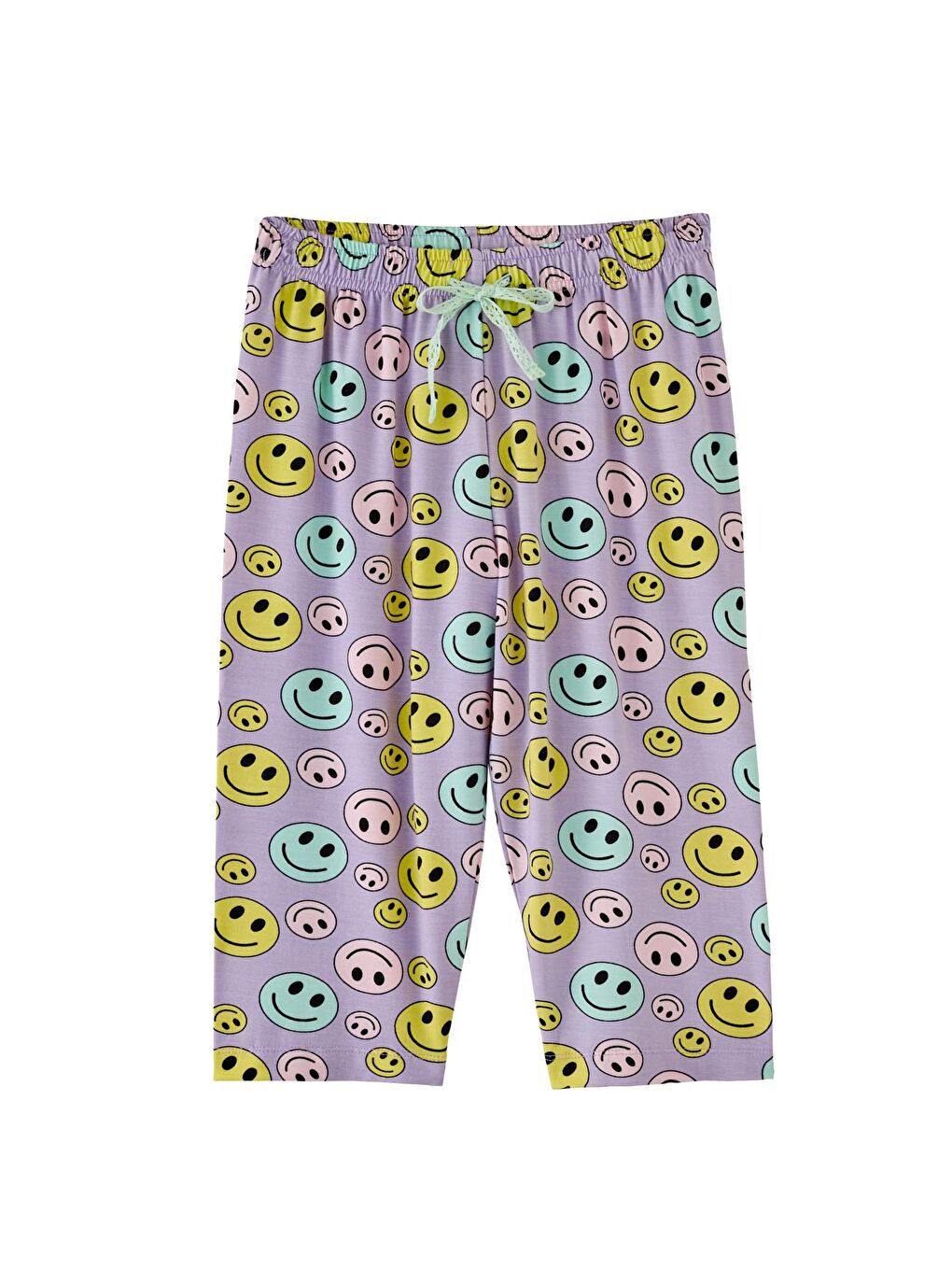 Lila Kız Çocuk Gülen Yüz Desenli Kaprili Pijama Takımı-5