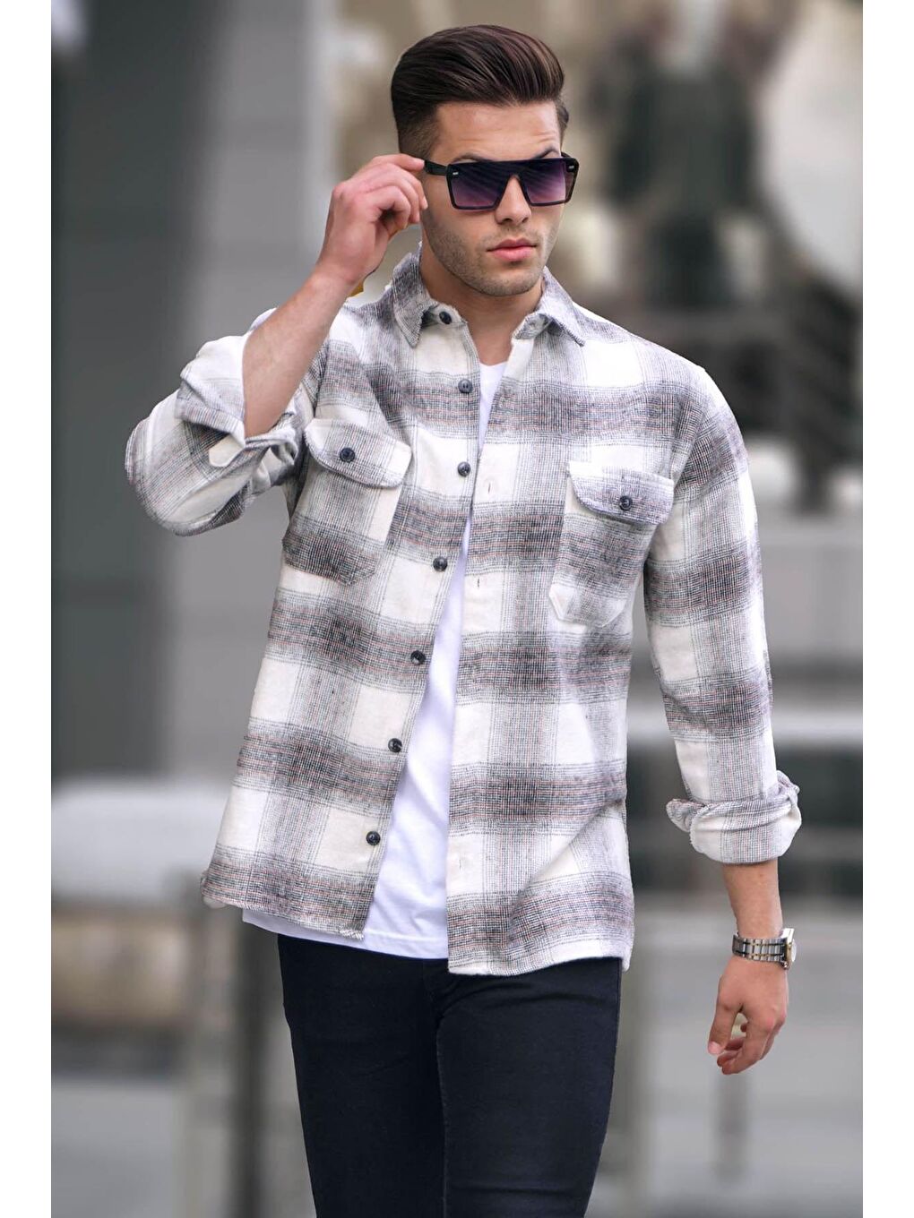 Ekru Ekoseli %100 Pamuk Oduncu Gömlek 5563