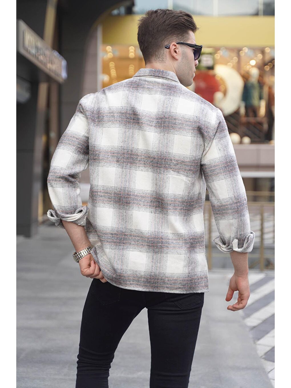 Ekru Ekoseli %100 Pamuk Oduncu Gömlek 5563-1