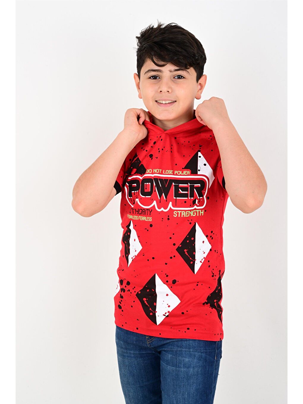 Kırmızı Power Baskılı Kapüşonlu Tişört-2