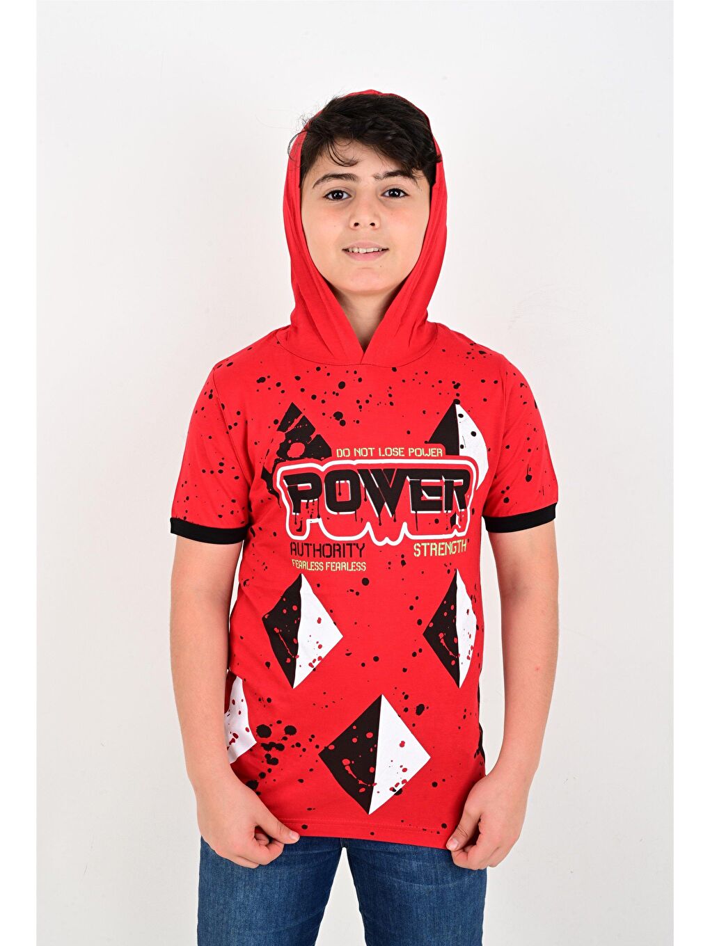 Kırmızı Power Baskılı Kapüşonlu Tişört-3