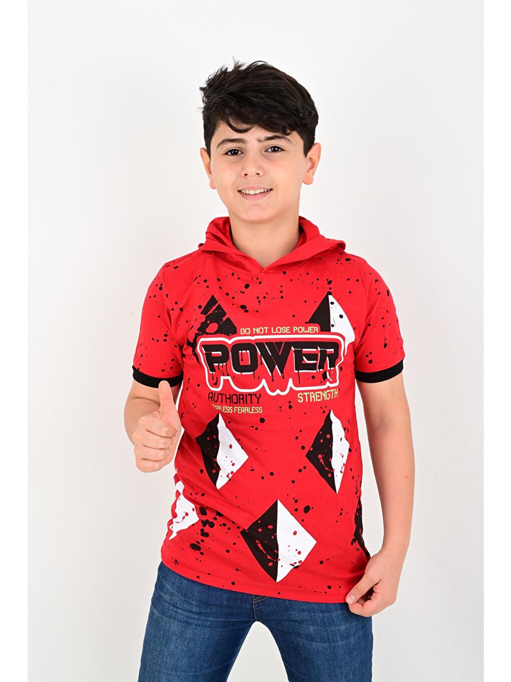 Kırmızı Power Baskılı Kapüşonlu Tişört-4
