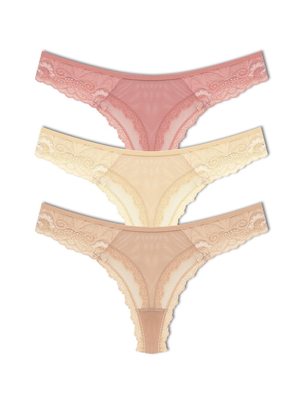 Bej Tül Dantel Tanga Kadın Külot 3'Lü