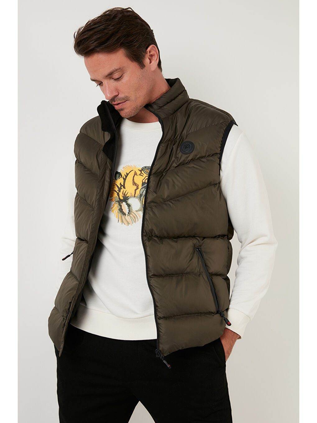 Haki Slim Fit Dik Yaka Cepli Şişme Erkek Yelek 6274850-7