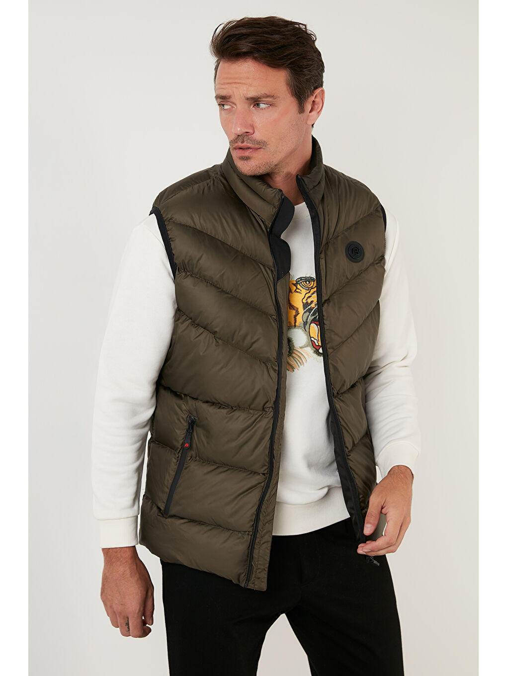 Haki Slim Fit Dik Yaka Cepli Şişme Erkek Yelek 6274850-8