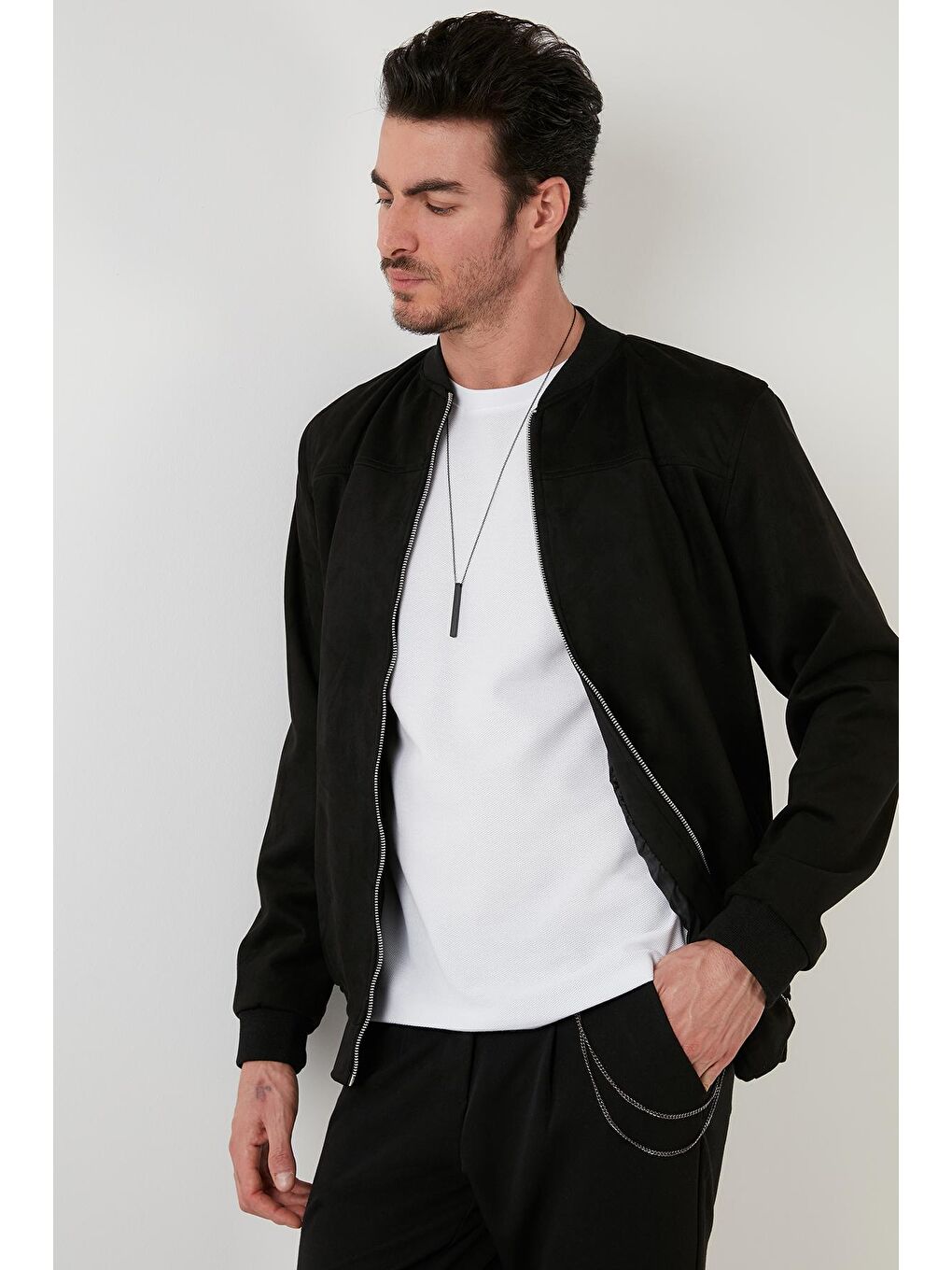 Siyah Fermuarlı Cepli Kolej Yaka Bomber Mont 571500S-2