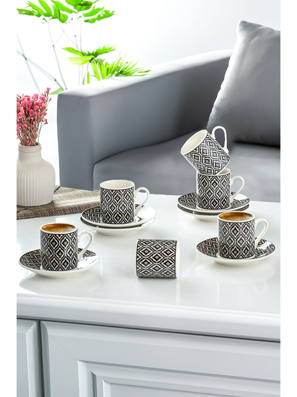 Siyah Yx05 Desenli Porselen Fincan Takımı - Türk Kahvesi 6 Kişilik 90 Cc-1