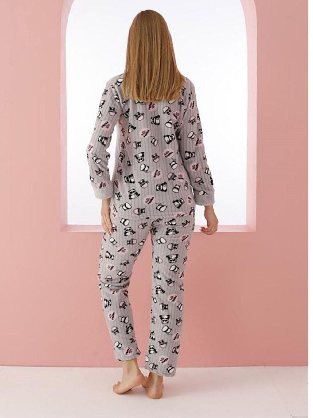 Gri Panda Desenli Polar Kadın Uzun Kol Pijama Takımı-1