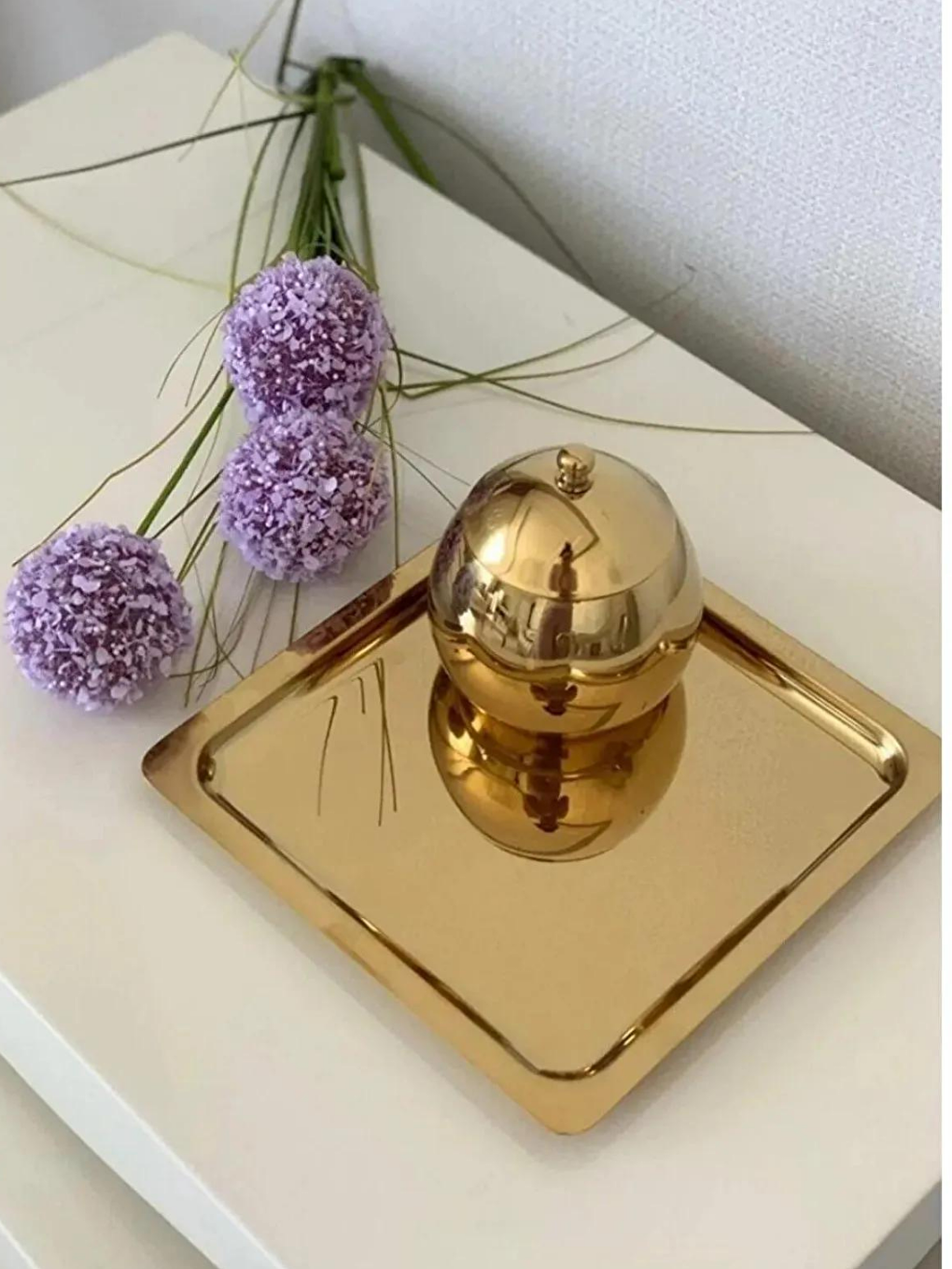 Sarı Paslanmaz Çelik Gold Renk Sunum Tepsisi 21 x21 cm 2 Adet-4