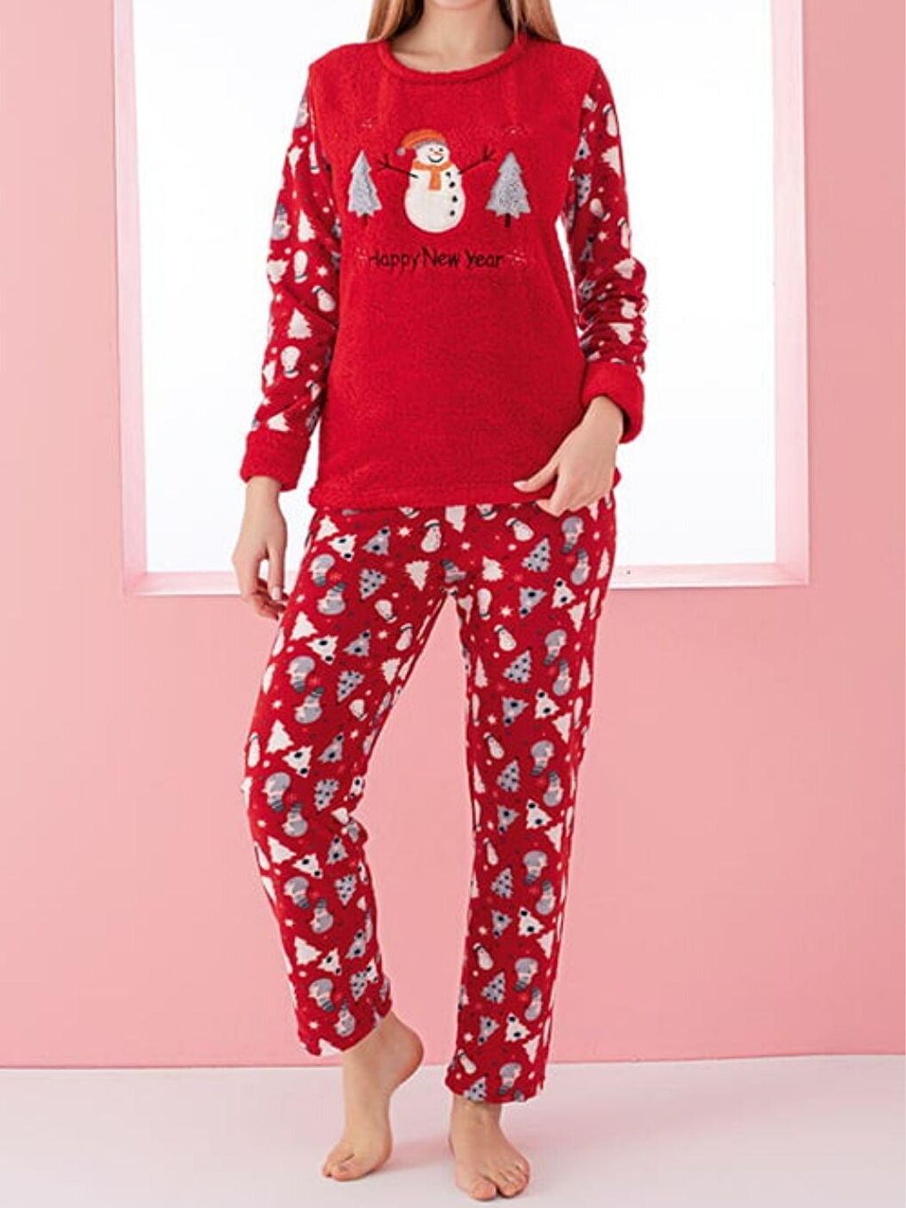 Kırmızı Kardan Adam Desenli Polar Kadın Uzun Kol Pijama Takımı
