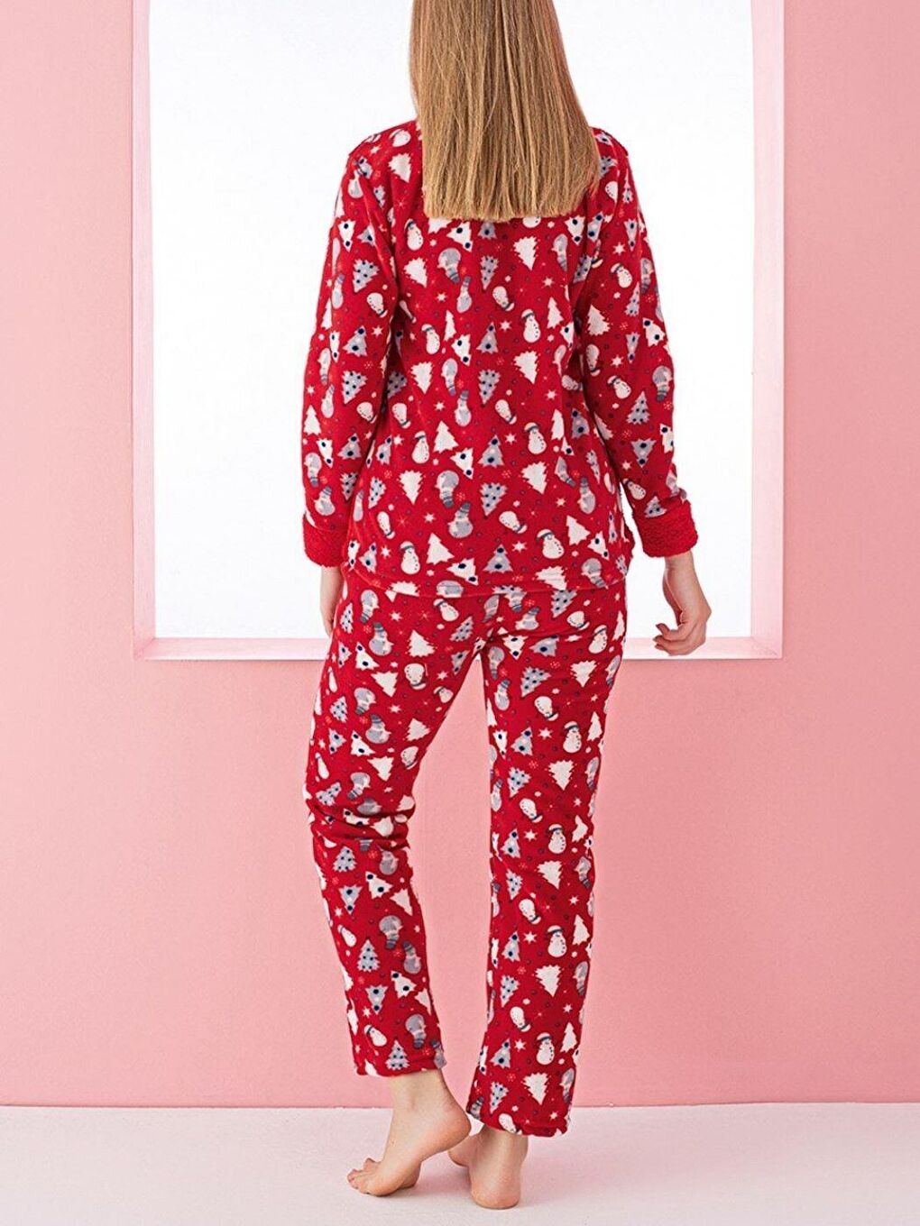 Kırmızı Kardan Adam Desenli Polar Kadın Uzun Kol Pijama Takımı-1