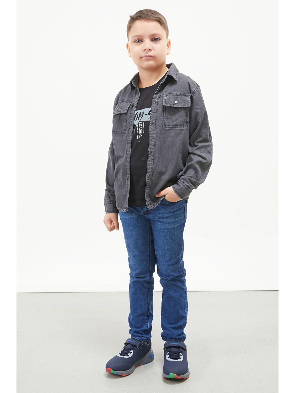 Gri Füme Yazı Baskılı Jean Gömlekli Tişört Erkek Çocuk 2li Takım 17569