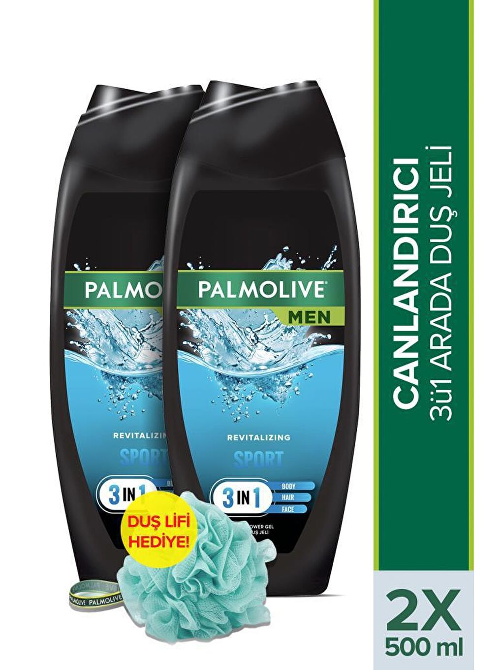 Palmolive Beyaz Men Sport 4'ü 1 Arada Canlandırıcı Duş Jeli ve Şampuan 500 ml x 2 Adet + Duş Lifi Hediye