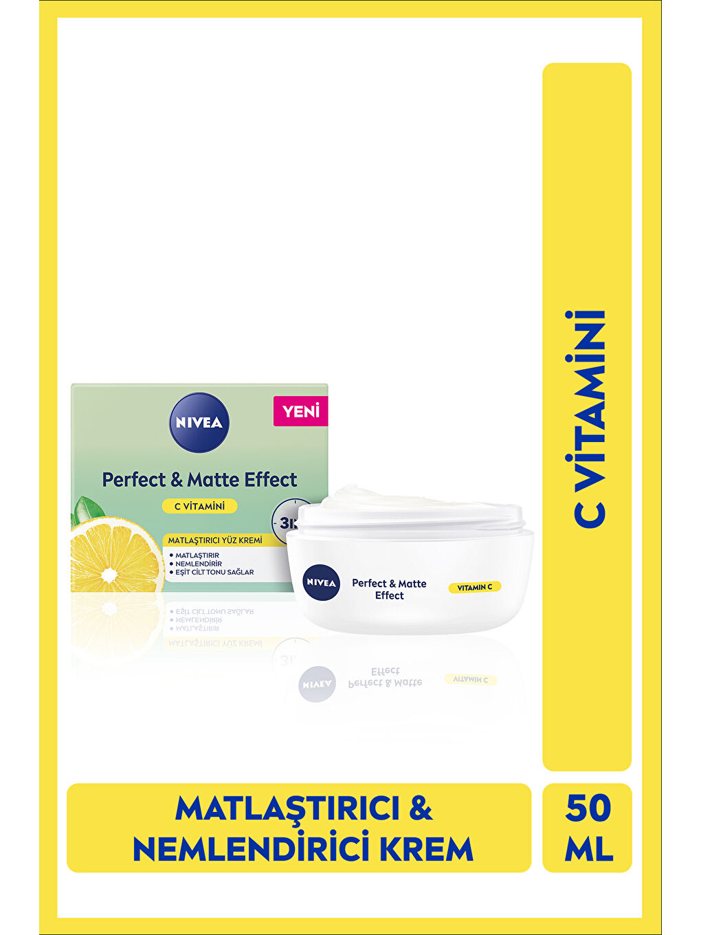 NIVEA Perfect&Matte Matlaştırıcı Gündüz Yüz Bakım Kremi 50ml, C Vitamini, Eşit Cilt Tonu, Nemlendirici