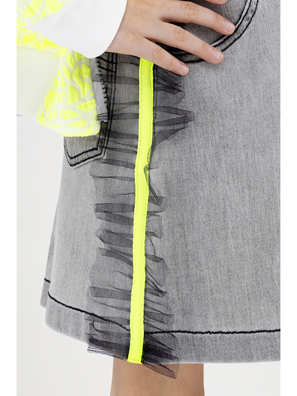 Kız Çocuk Tül Detaylı Gri Jean Etek-1