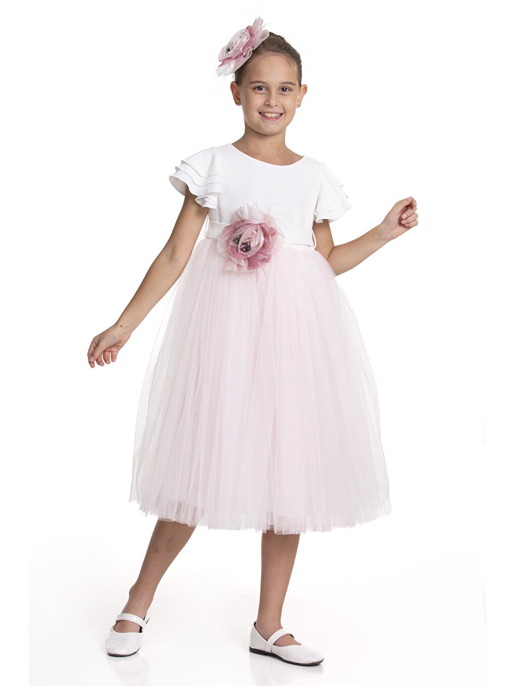 Pink Girls Pembe Çiçek Taçlı Yarım Kollu Abiye