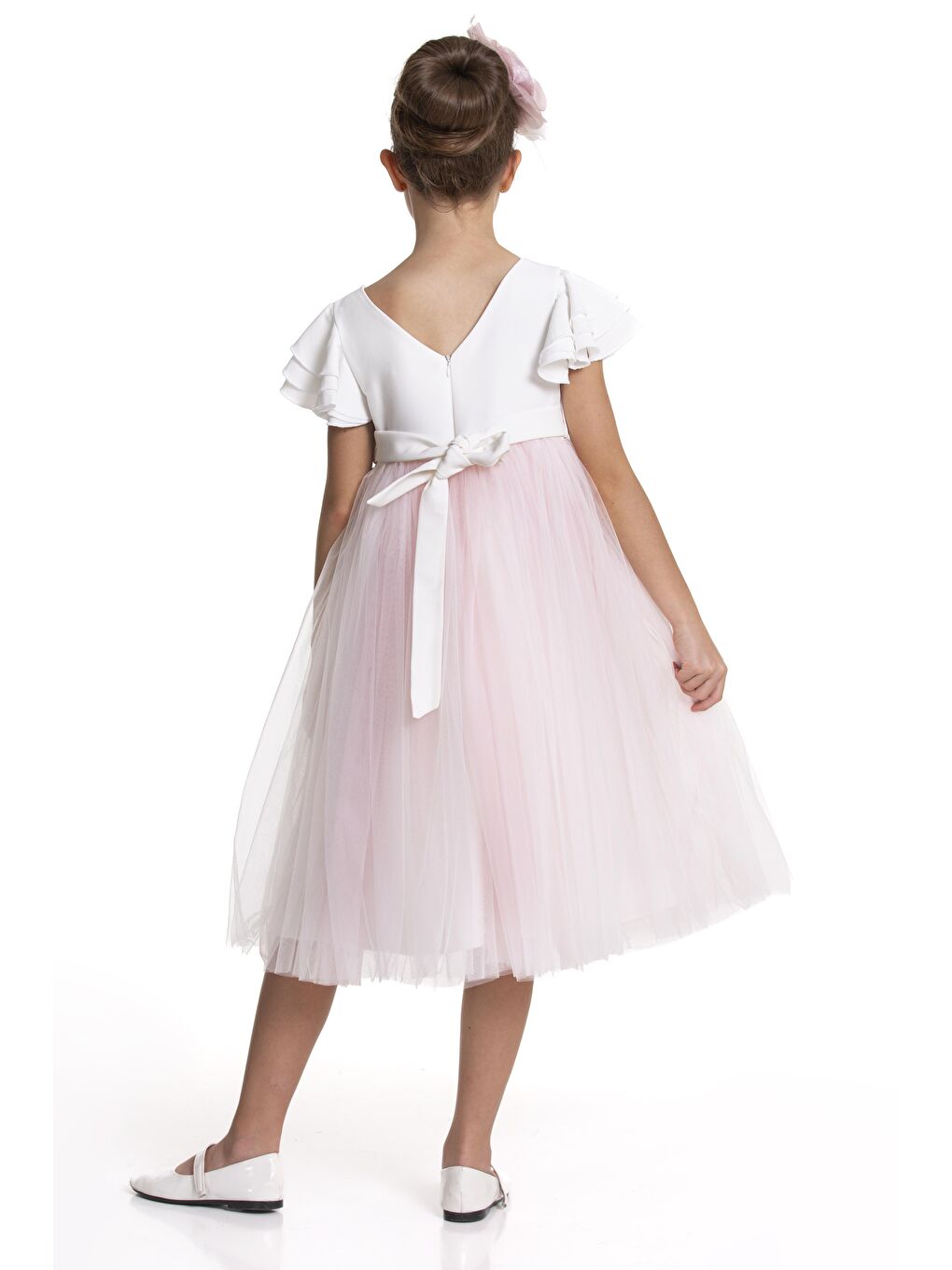 Pink Girls Pembe Çiçek Taçlı Yarım Kollu Abiye - 1