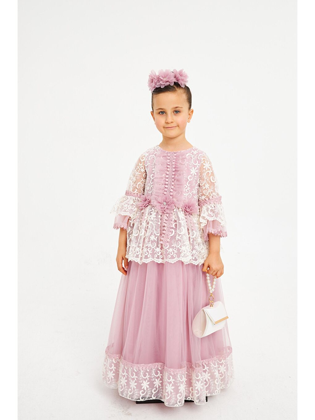 Pink Girls Pembe Yakası Ve Kolları Boncuklu Çantalı Abiye