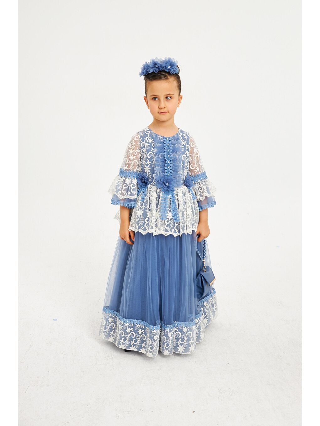 İndigo Kopanakili Taçlı Çantalı Çiçekli Abiye