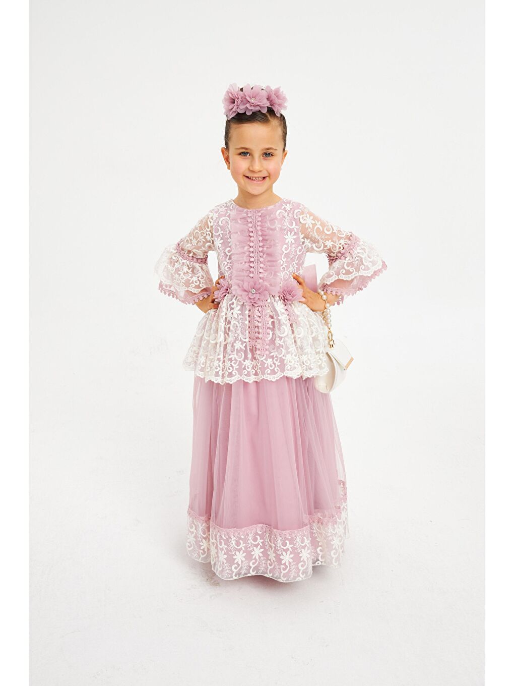 Pink Girls Pembe Yakası Ve Kolları Boncuklu Çantalı Abiye - 1