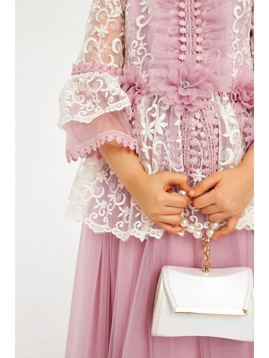 Pink Girls Pembe Yakası Ve Kolları Boncuklu Çantalı Abiye - 2