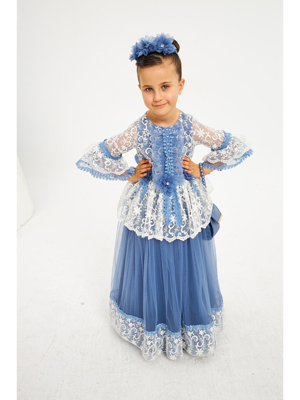 İndigo Kopanakili Taçlı Çantalı Çiçekli Abiye-1