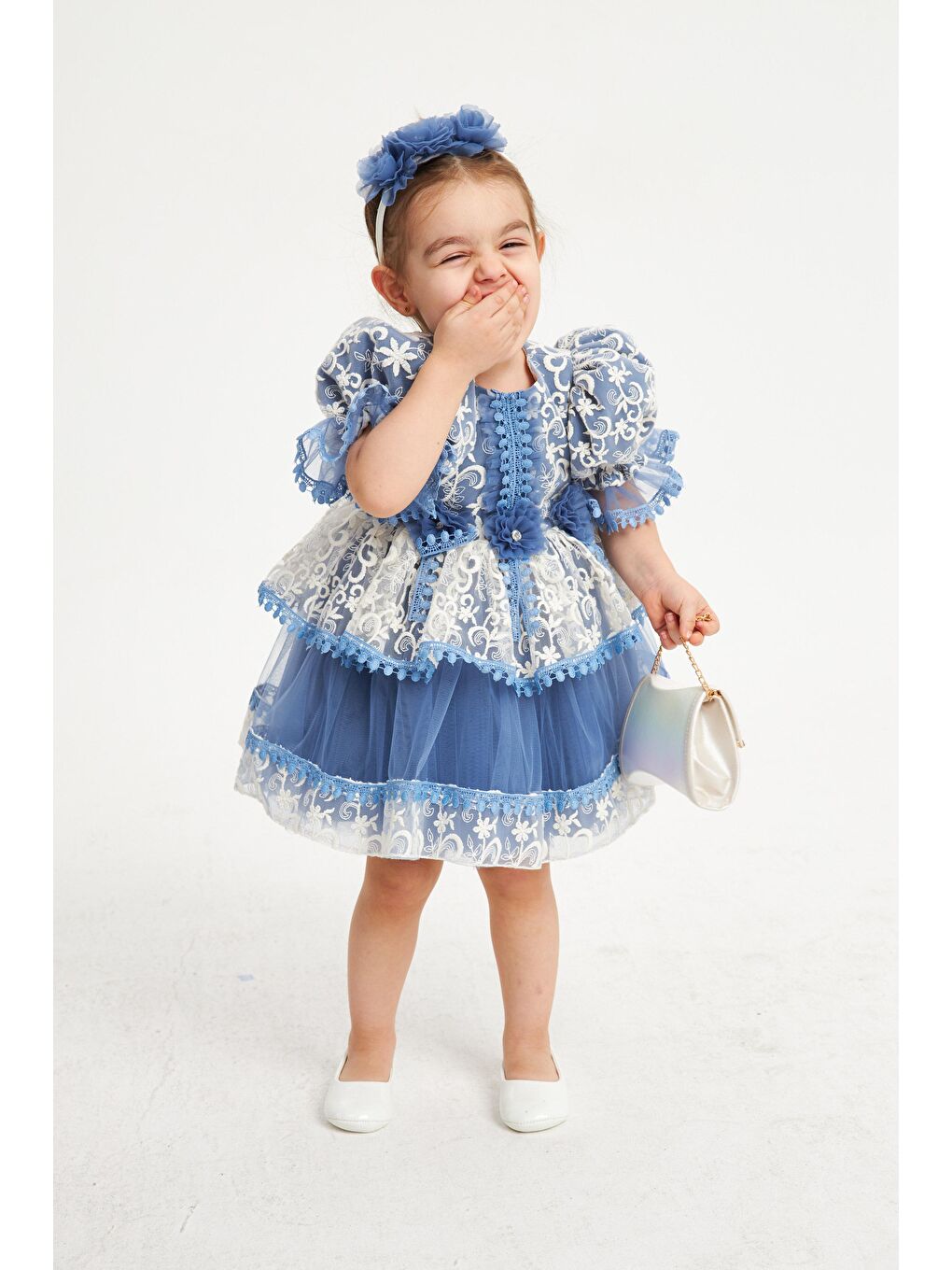 Pink Girls Indigo Yakası ve Kolları Boncuklu Çantalı Abiye
