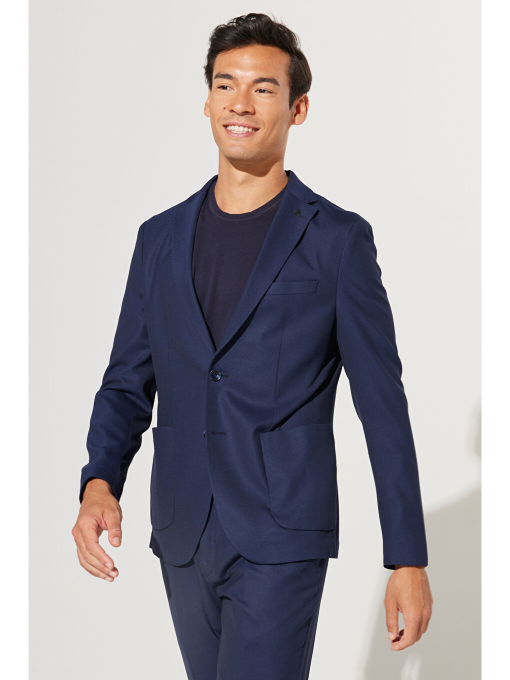 Erkek Lacivert Slim Fit Dar Kesim Mono Yaka Armürlü Takım Elbise-1