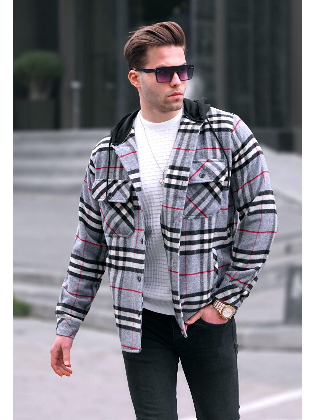 Antrasit Kapüşonlu Ekoseli Erkek Oduncu Gömlek 5582