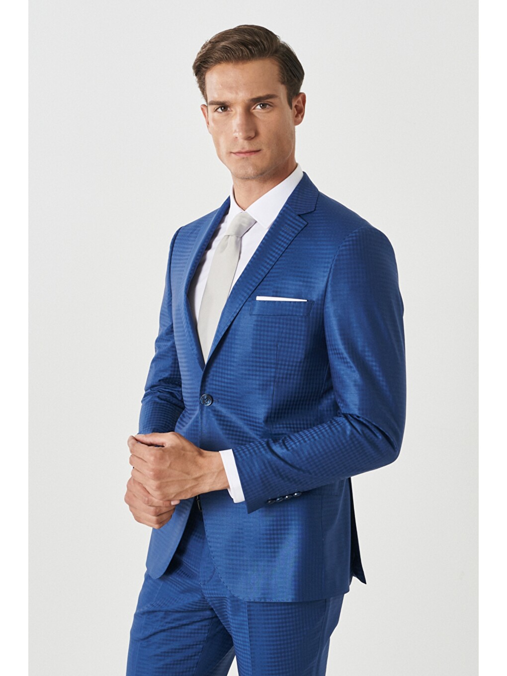 Erkek Mavi Eksta Slim Fit Dar Kesim Mono Yaka Kareli Mavi Takım Elbise