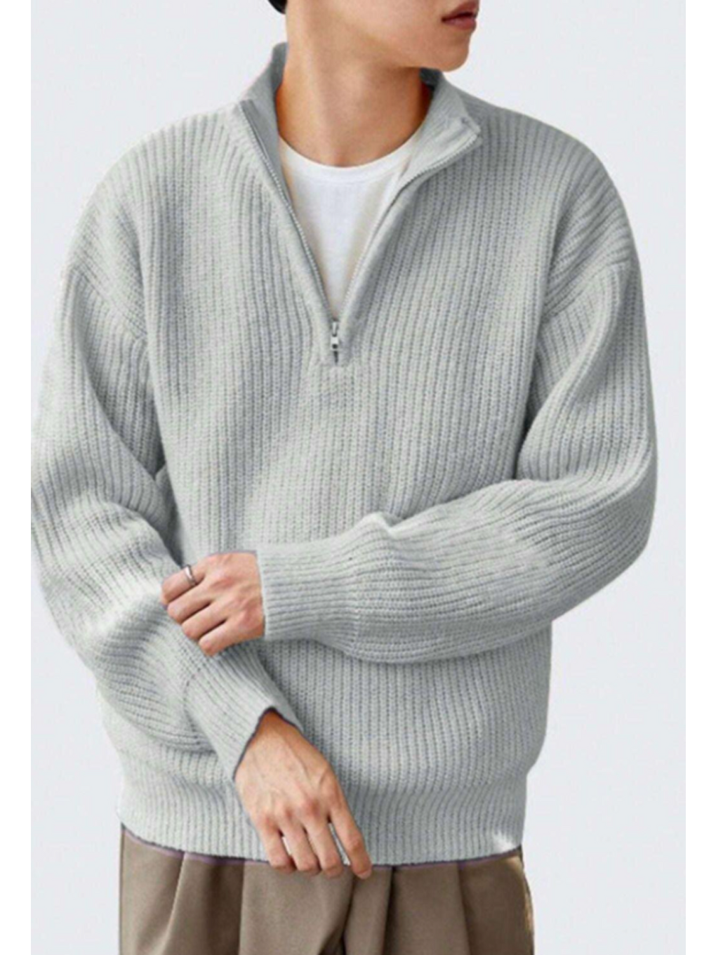 Gri Erkek  Fermuarlı Balıkçı Triko Kazak