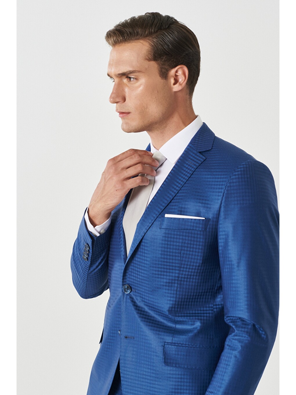 Erkek Mavi Eksta Slim Fit Dar Kesim Mono Yaka Kareli Mavi Takım Elbise-3