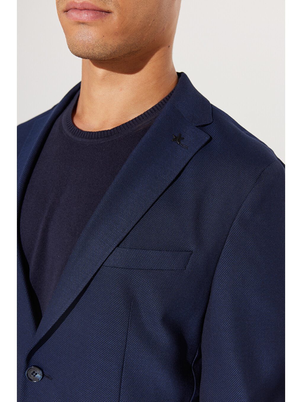 Erkek Lacivert Slim Fit Dar Kesim Mono Yaka Armürlü Takım Elbise-6