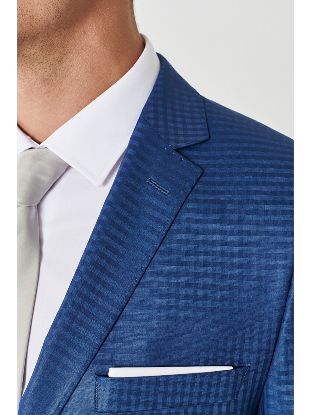 Erkek Mavi Eksta Slim Fit Dar Kesim Mono Yaka Kareli Mavi Takım Elbise-4