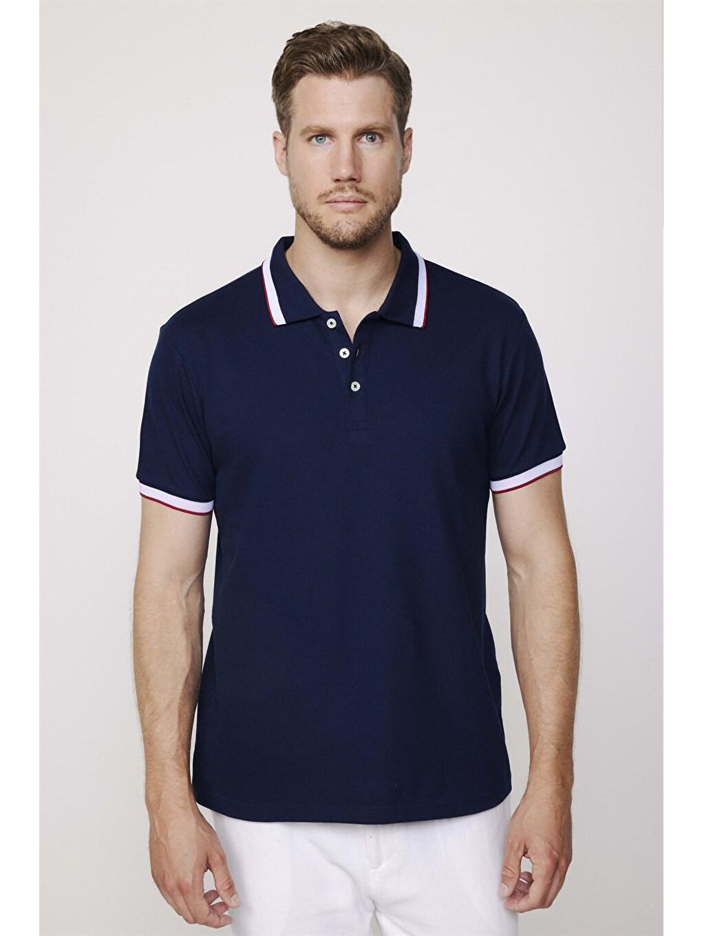 Erkek Polo Yaka Slim Fit Yaka ve Kol Şeritli Pike Lacivert Tişört-1