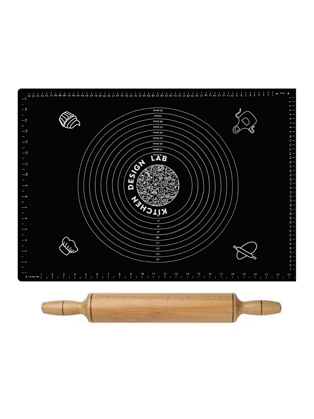 2 Li Set Siyah 45x65 Cm Silikon Hamur Açma Matı - 48 Cm Sabit Merdane - Pratik Hamur Açma Seti