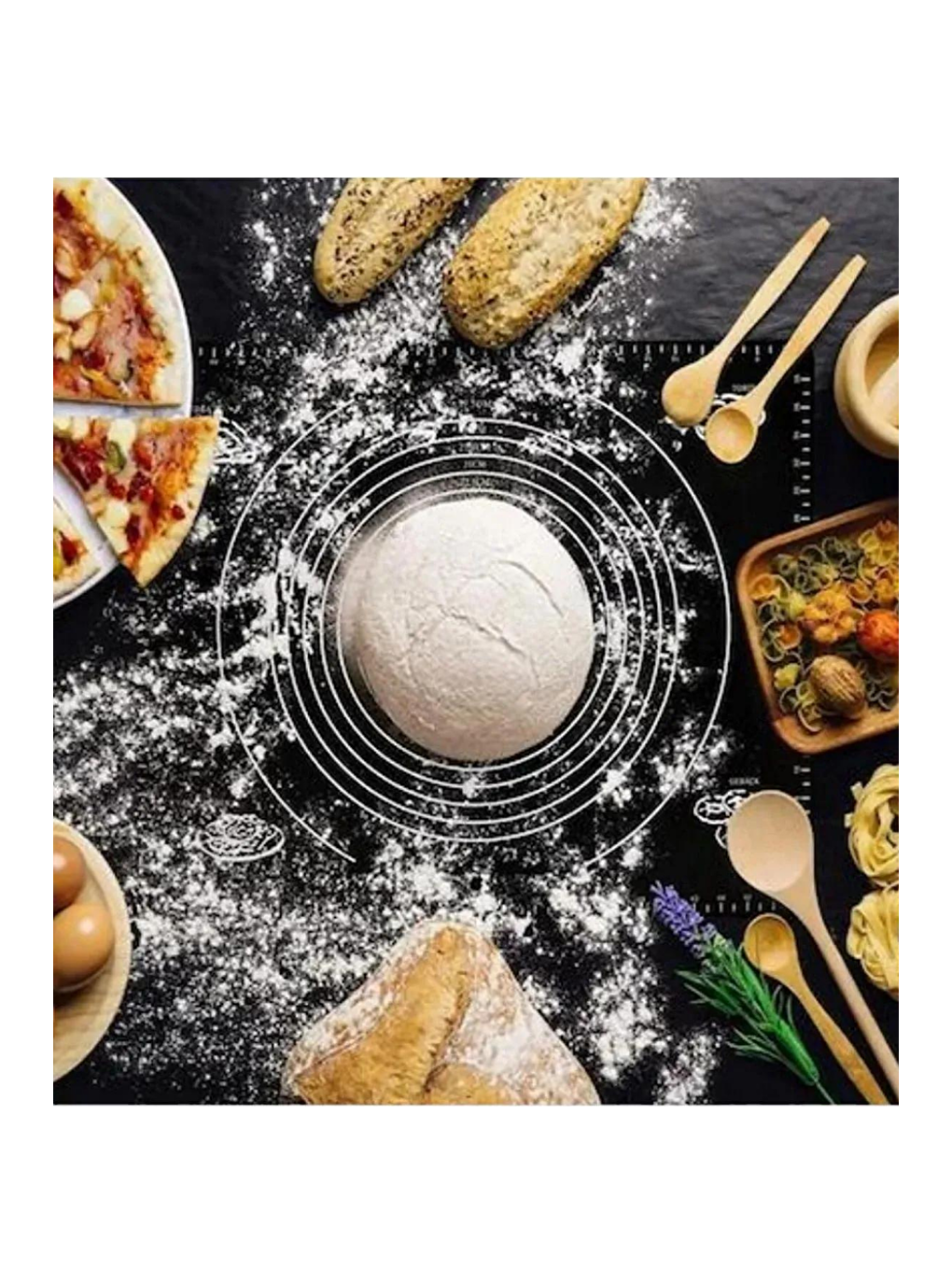 2 Li Set Siyah 45x65 Cm Silikon Hamur Açma Matı - 48 Cm Sabit Merdane - Pratik Hamur Açma Seti-3