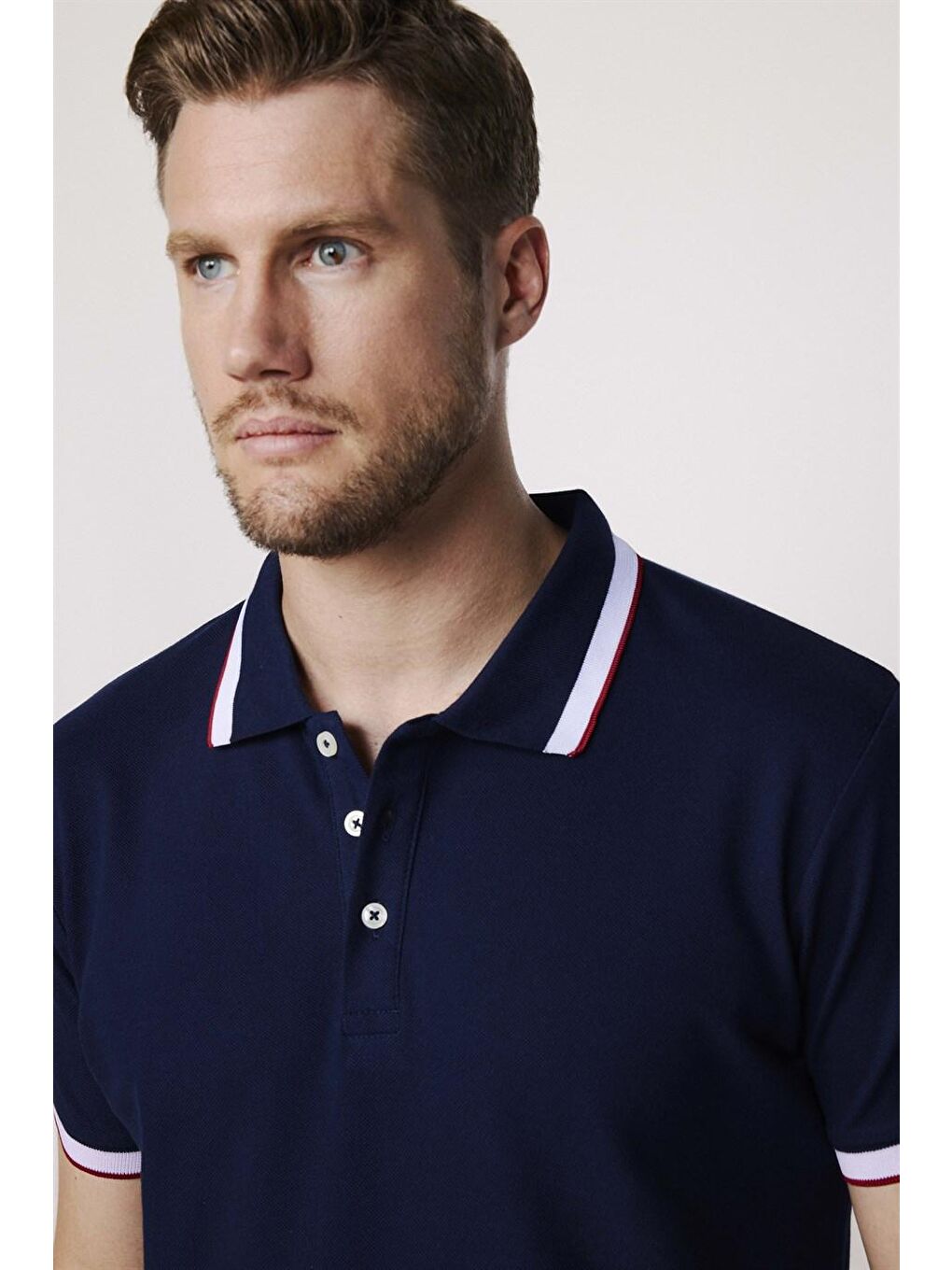 Erkek Polo Yaka Slim Fit Yaka ve Kol Şeritli Pike Lacivert Tişört-2