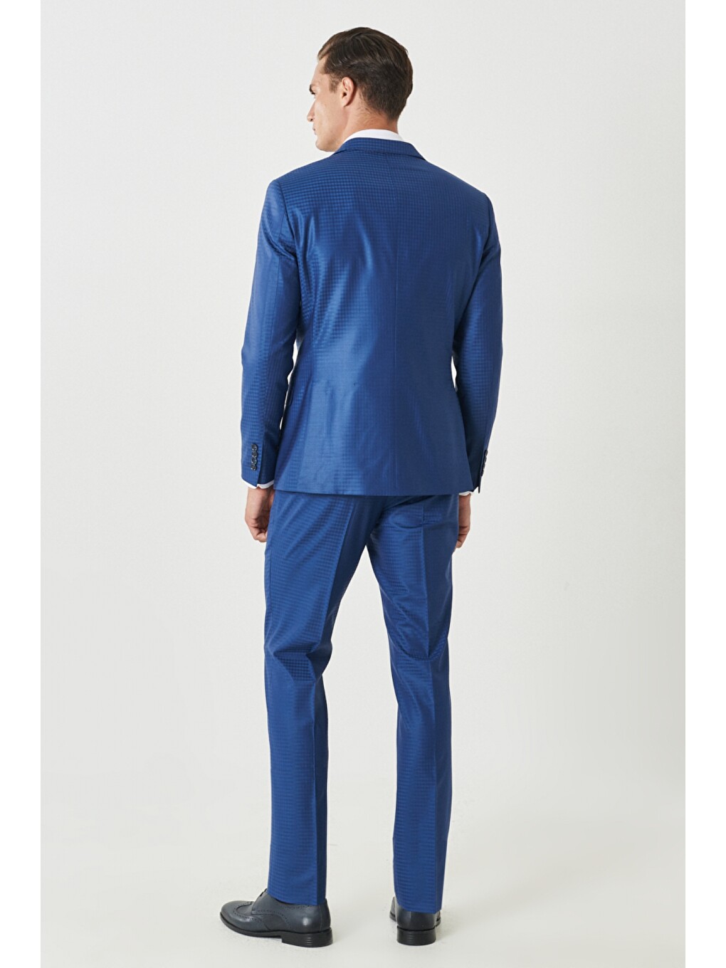 Erkek Mavi Eksta Slim Fit Dar Kesim Mono Yaka Kareli Mavi Takım Elbise-5