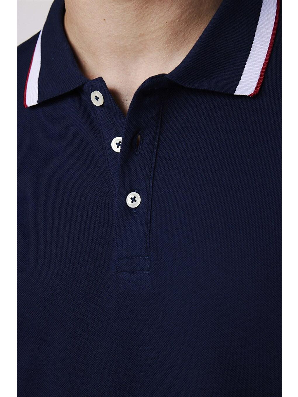 Erkek Polo Yaka Slim Fit Yaka ve Kol Şeritli Pike Lacivert Tişört-3