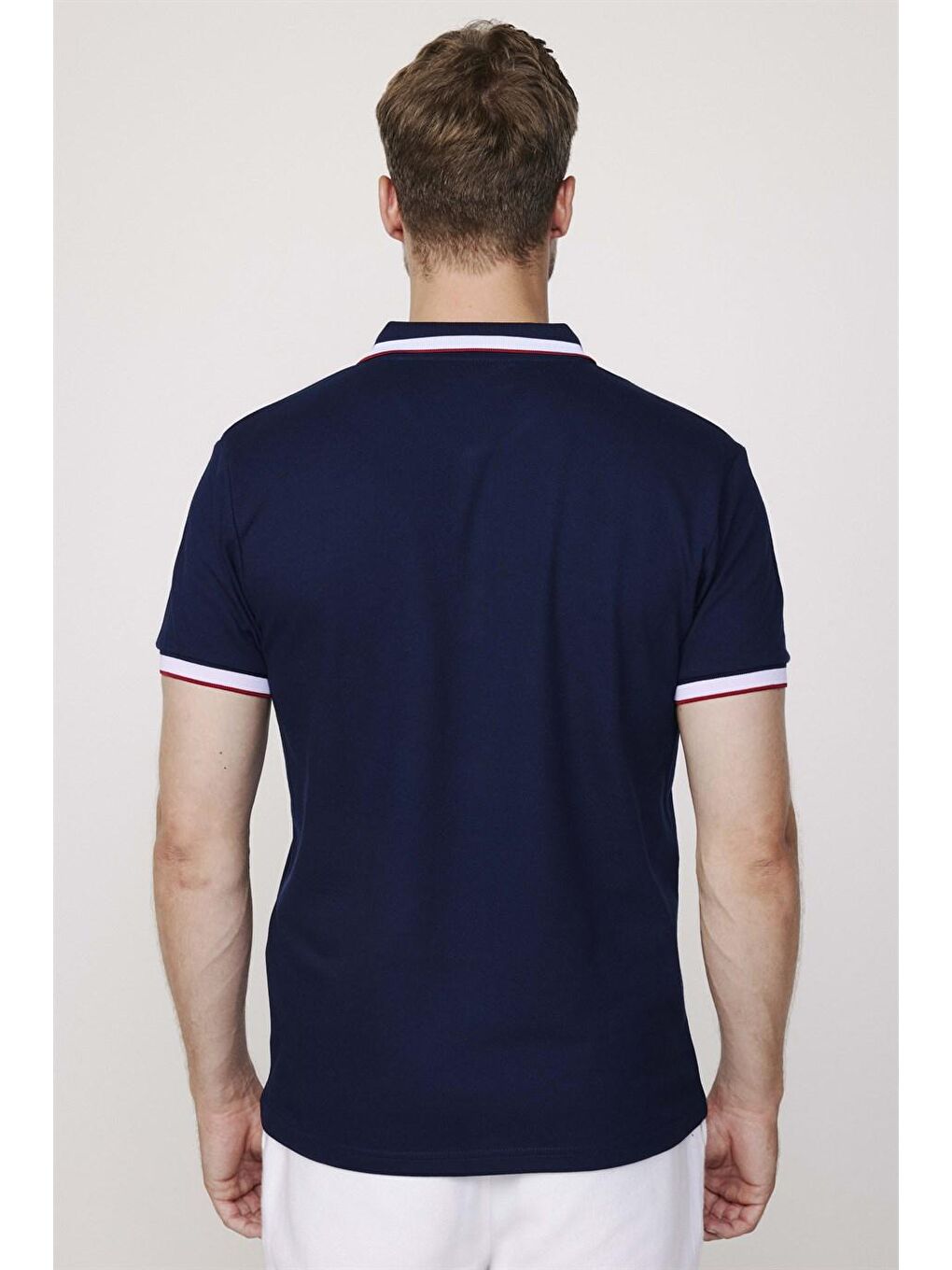 Erkek Polo Yaka Slim Fit Yaka ve Kol Şeritli Pike Lacivert Tişört-4