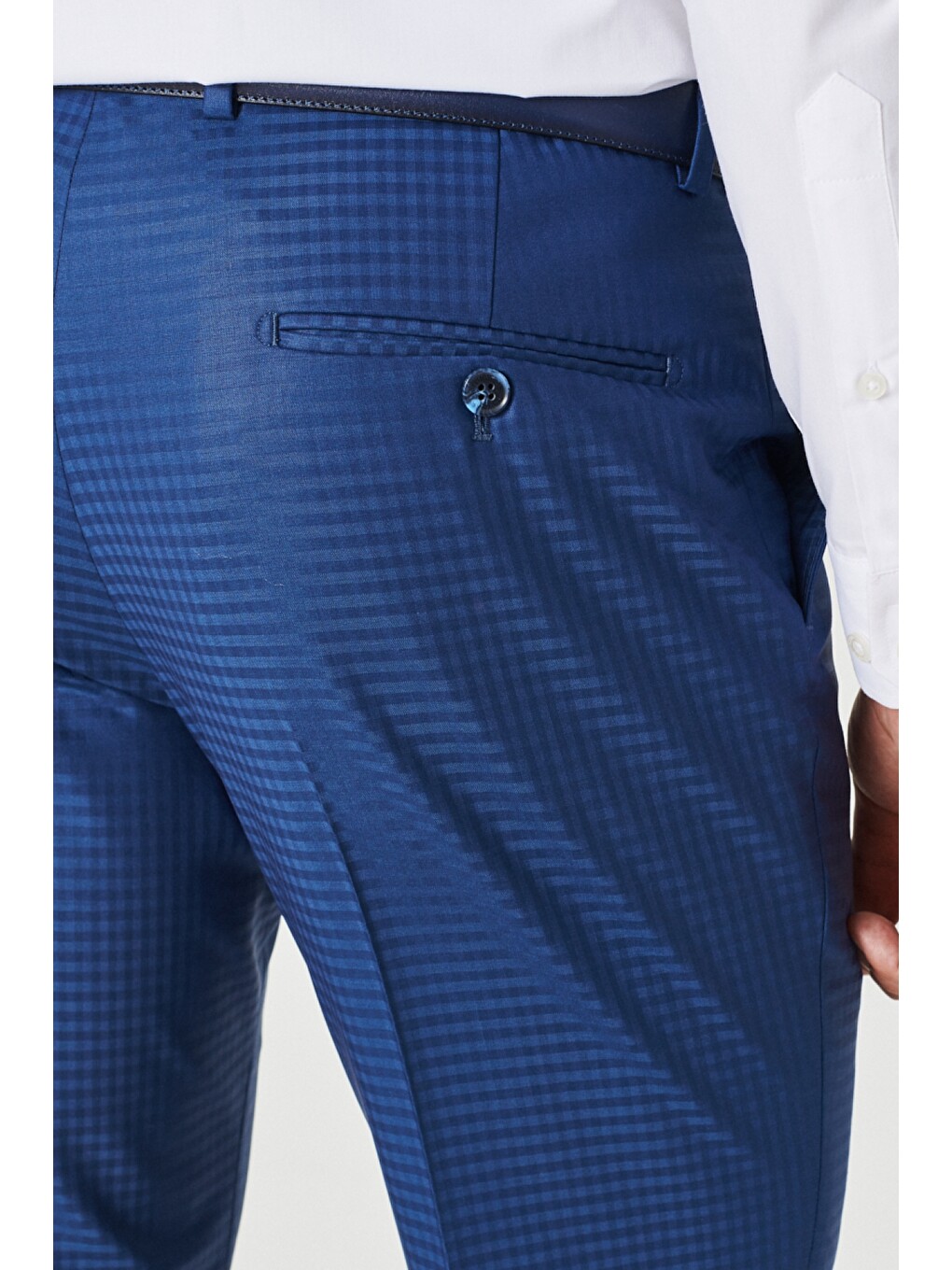 Erkek Mavi Eksta Slim Fit Dar Kesim Mono Yaka Kareli Mavi Takım Elbise-6