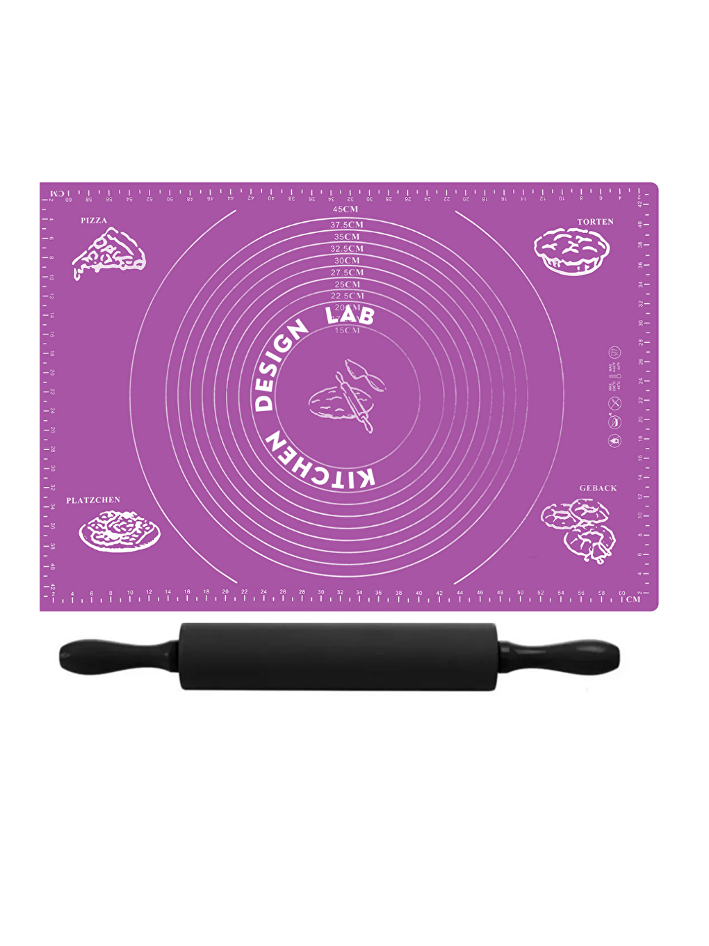 2'li Set Mor 45x65 Cm Silikon Hamur Açma Matı Ve Antrasit Silikon Merdane