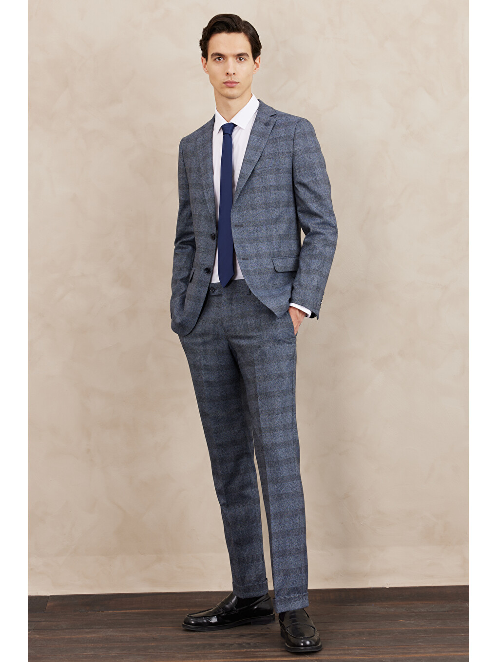 Erkek Mavi Slim Fit Dar Kesim Mono Yaka Ekose Desenli Çift Pantolonlu Takım Elbise-1