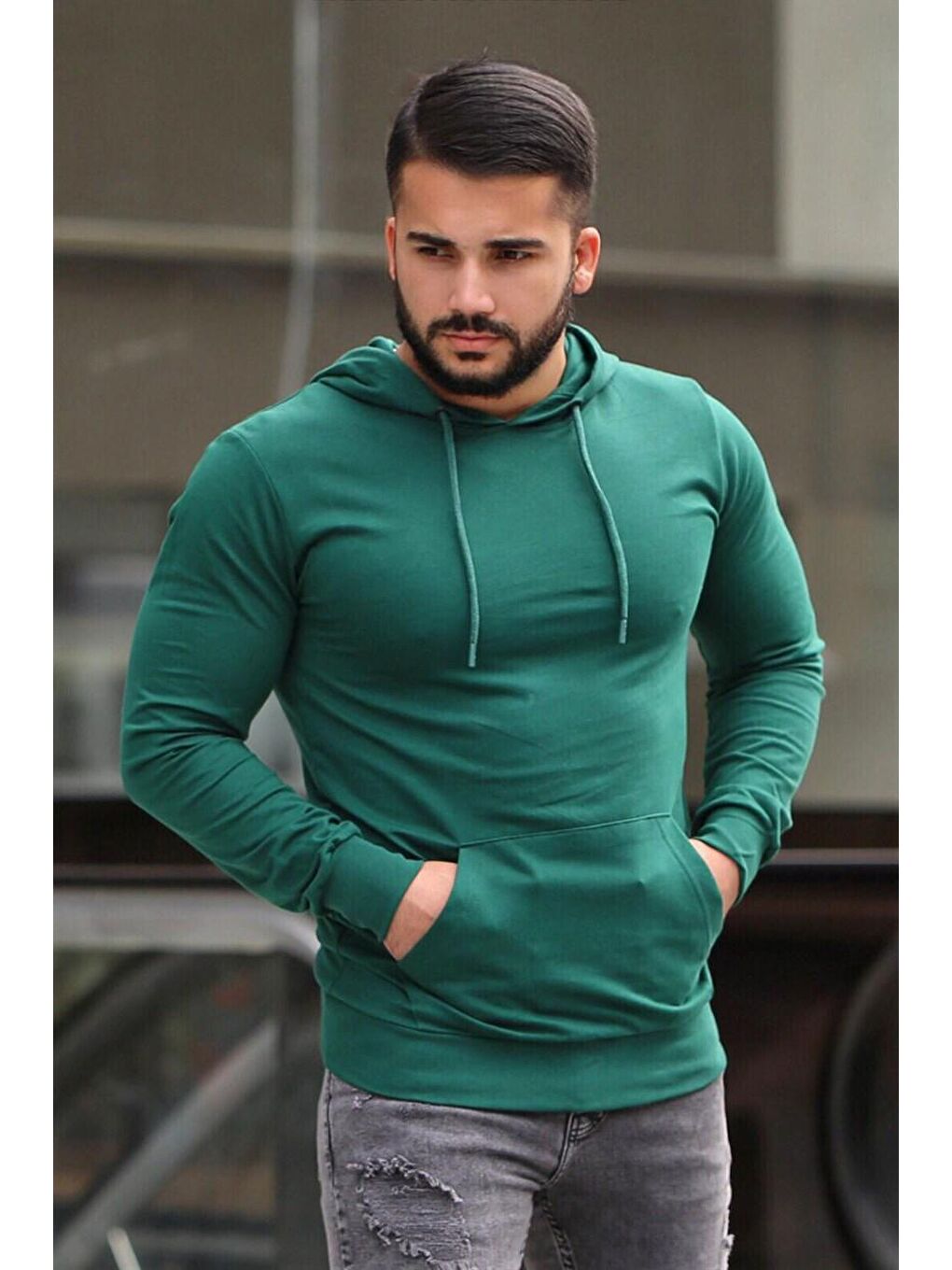 Basic Yeşil Kapüşonlu Erkek Hoodie 4117