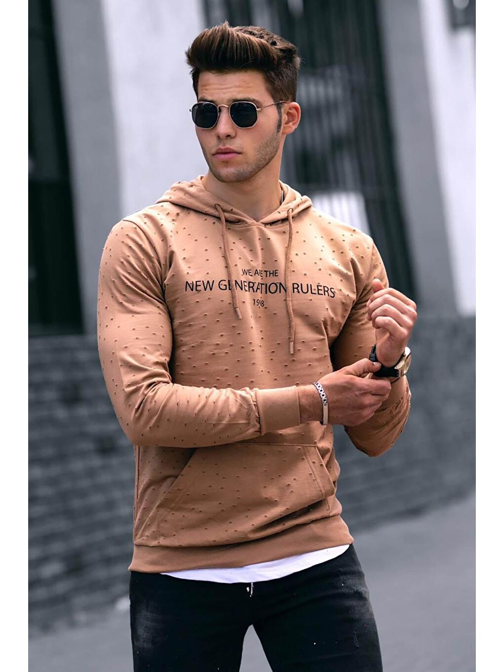 Madmext Deve Tüyü Camel Baskılı kapüşonlu Sweatshirt 4125