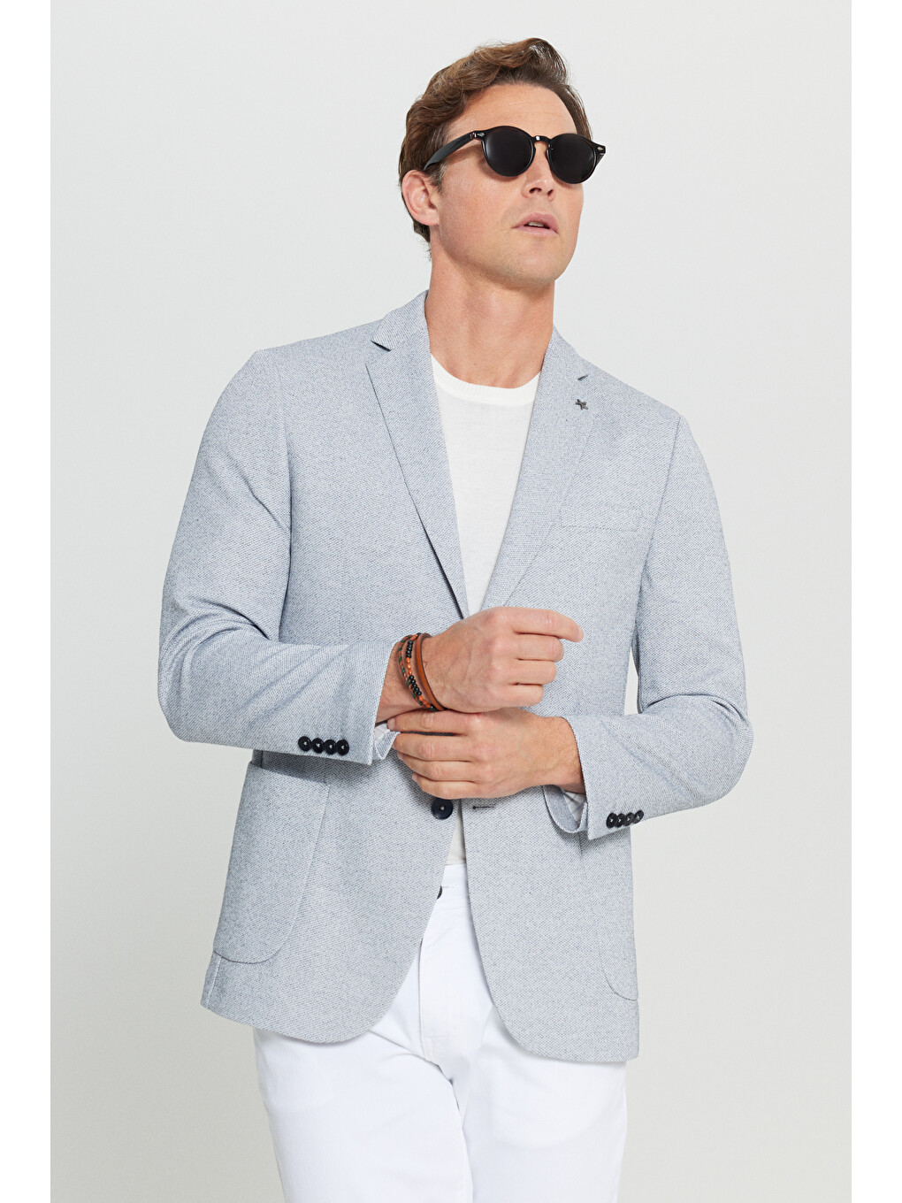 Erkek İndigo 360 Her Yöne Esneyen Dar Kesim Mono Yaka Armürlü Torba Cepli Blazer Ceket-1