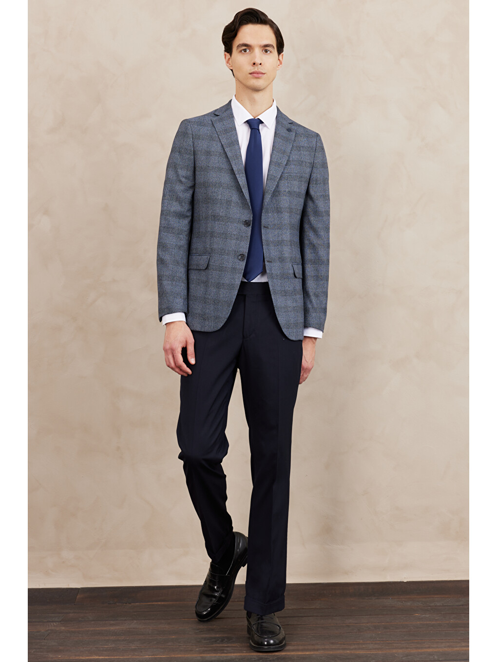 Erkek Mavi Slim Fit Dar Kesim Mono Yaka Ekose Desenli Çift Pantolonlu Takım Elbise-3